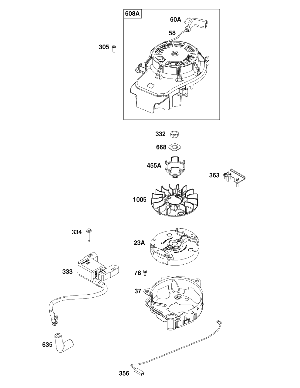 Flywheel, Ignition, And Starter Group Diagram and Parts List for 93J02-0102-H1  Briggs and Stratton Engine